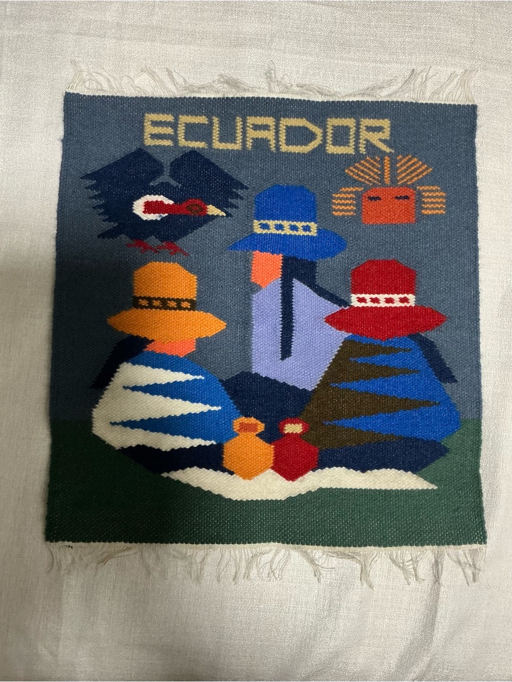 Vintage Otavalo Ecuador Handwoven Wool Tapestry Wall Hanging Andean Folk Art